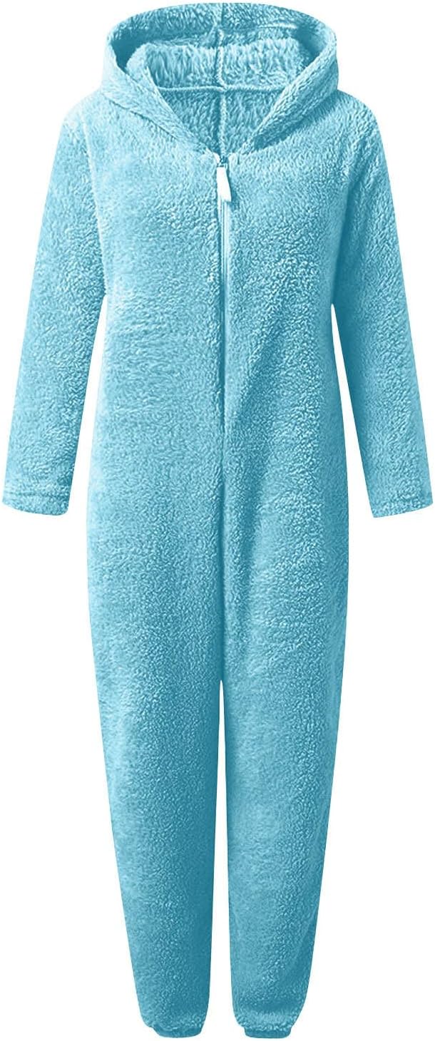 Warm women's hooded onesie, sherpa fuzzy comfort, perfect winter attire.