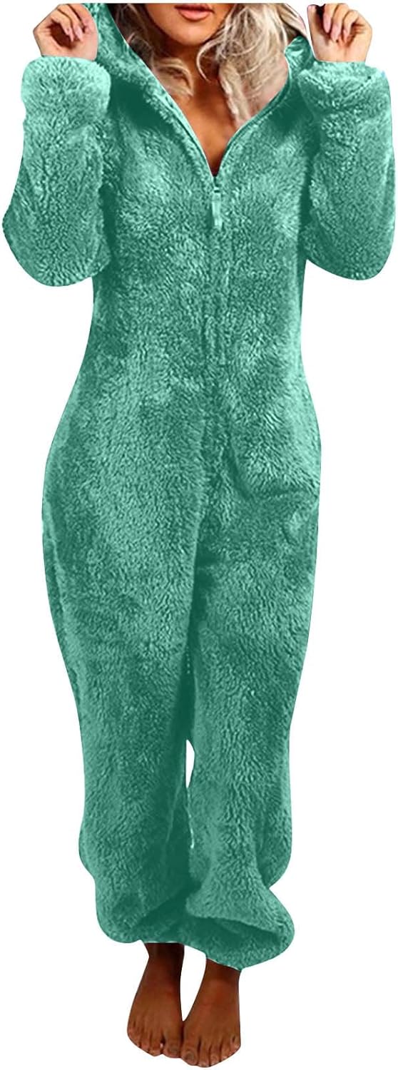 Women's cozy hooded sherpa jumpsuit, fuzzy loungewear for relax wear.