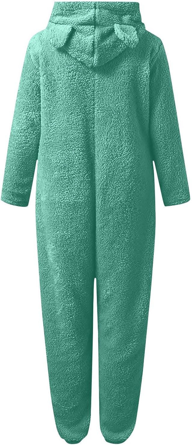 Cute hooded women's sherpa onesie, fuzzy pajamas for cozy relax wear.
