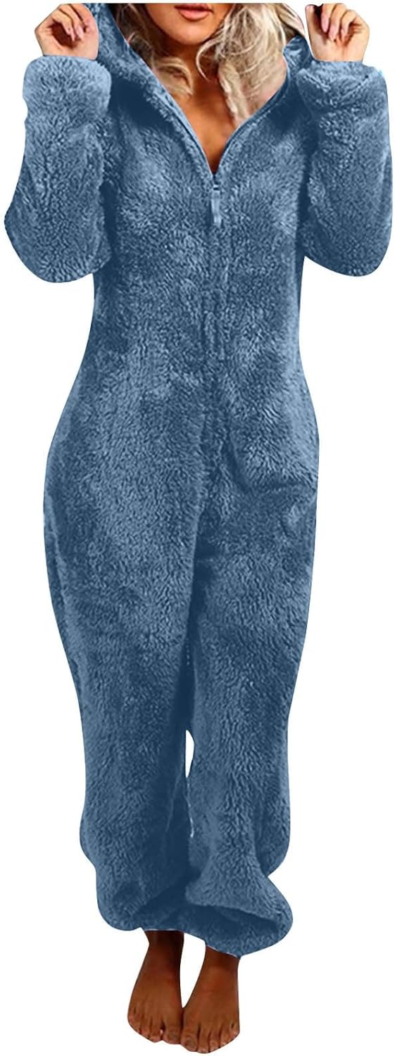 Plush sherpa fuzzy hooded women's onesie, warm winter loungewear.
