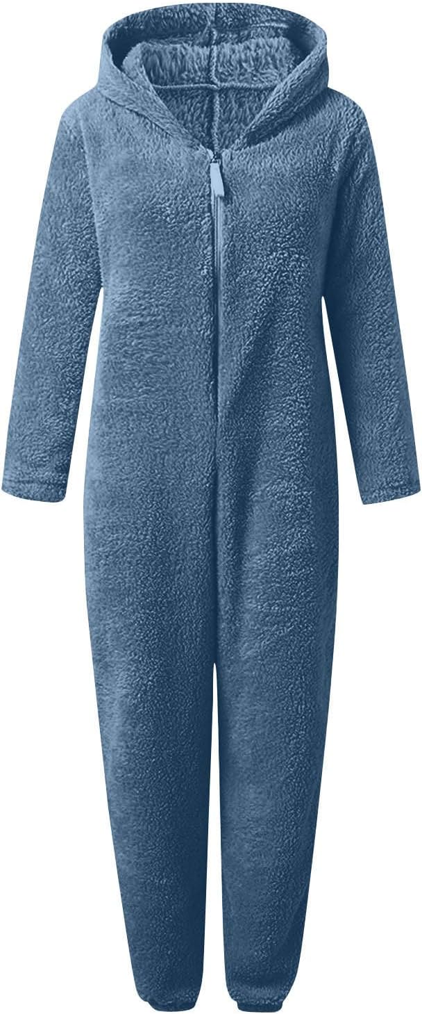 Warm hooded sherpa jumpsuit for women, ultra soft fuzzy pajamas.