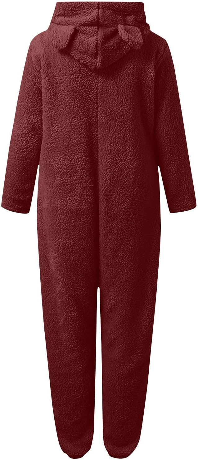 Cute hooded sherpa onesie for women, ultra soft fuzzy pajamas.