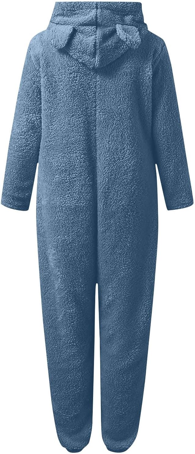Women's ultra soft fuzzy sherpa onesie, hooded for cozy winter comfort.