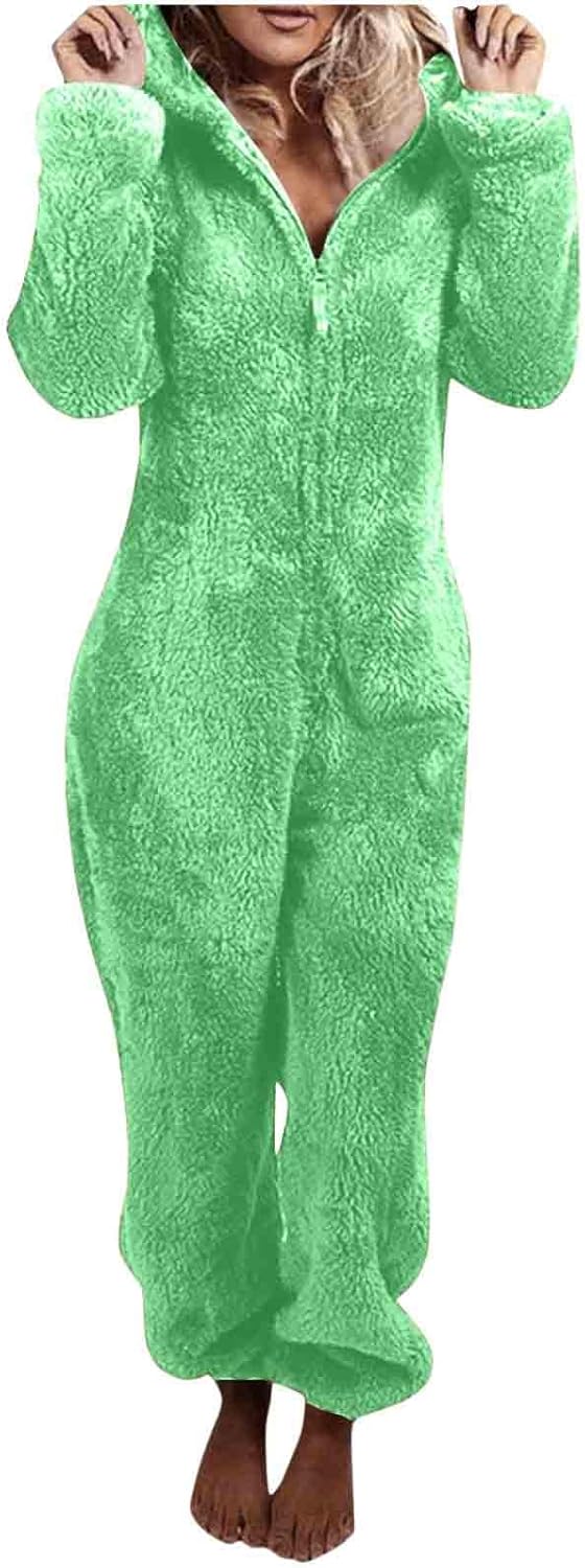 Cozy hooded sherpa loungewear for women, fuzzy jumpsuit, relax wear.