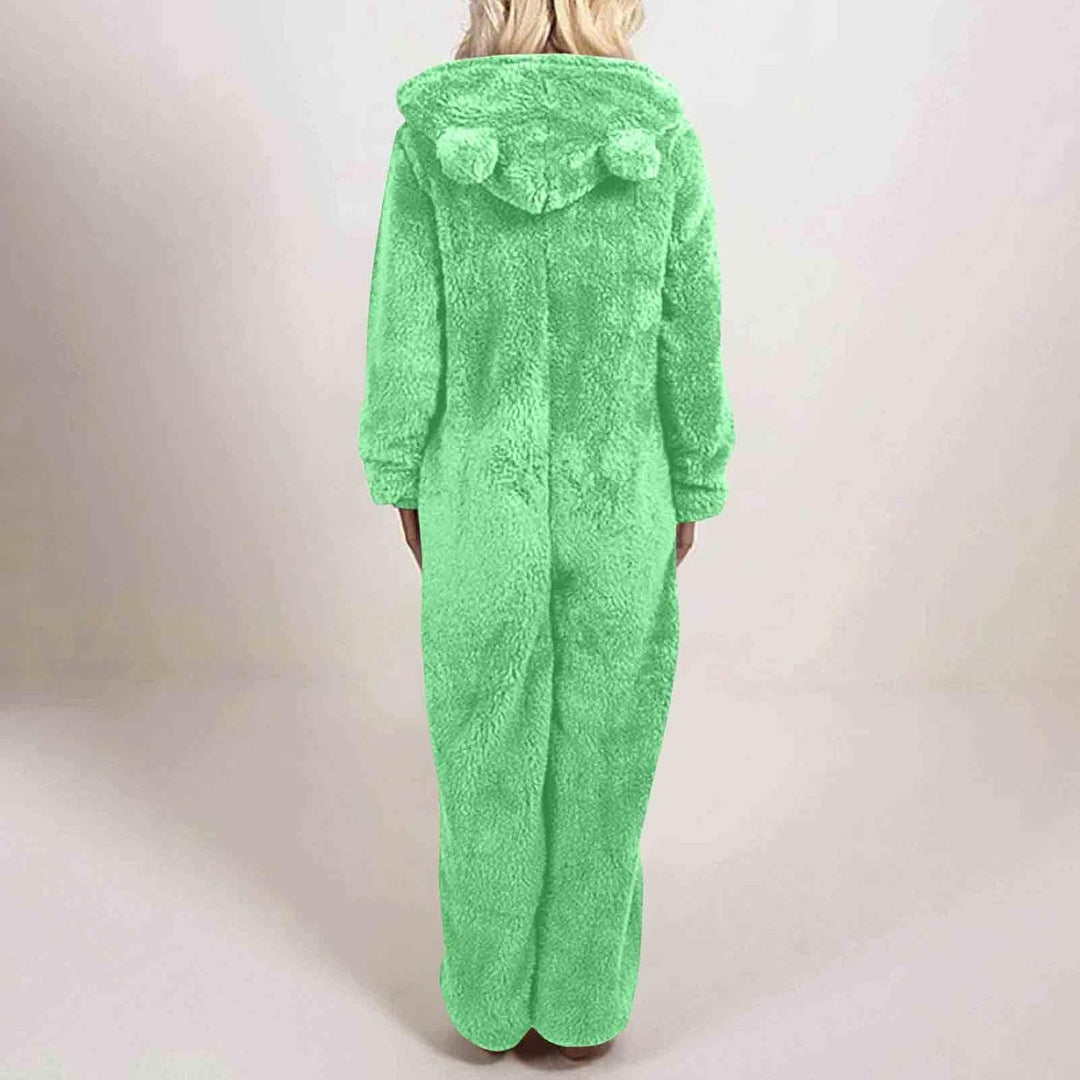 Plush hooded sherpa fuzzy onesie, women's warm comfort, winter attire.