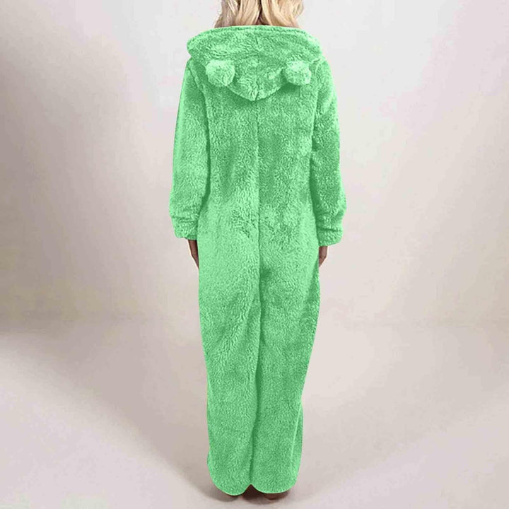 Plush hooded sherpa fuzzy onesie, women's warm comfort, winter attire.