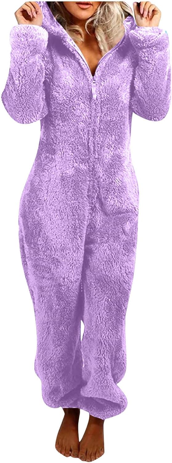 Cute hooded sherpa fuzzy jumpsuit for women, ultra soft loungewear.