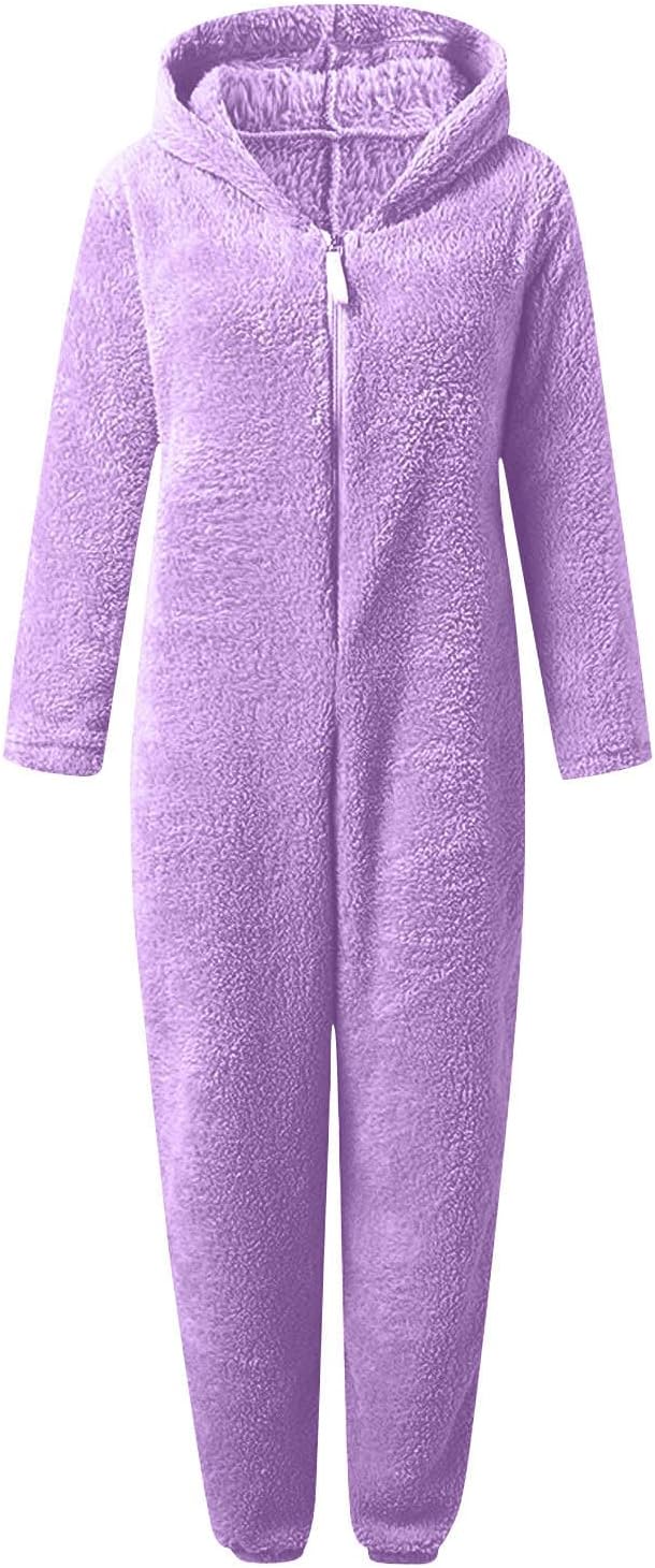 Women's cozy sherpa fuzzy hooded onesie, ideal for relaxing.