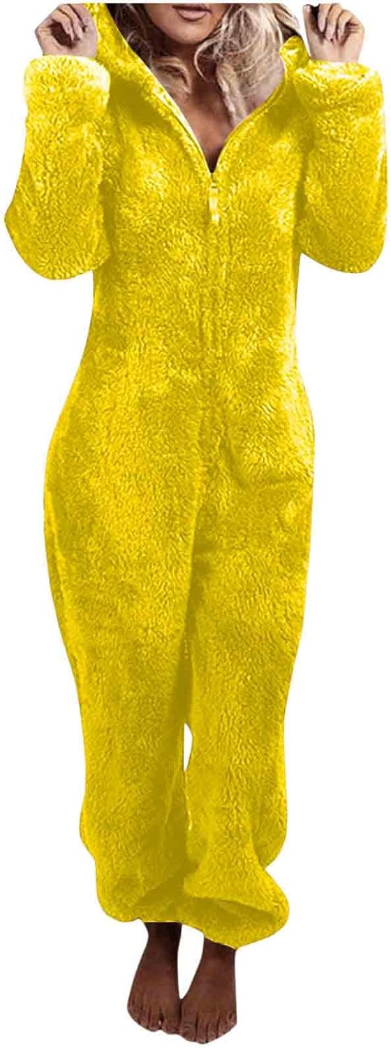 Warm women's fuzzy hooded sherpa jumpsuit, cozy relax wear.