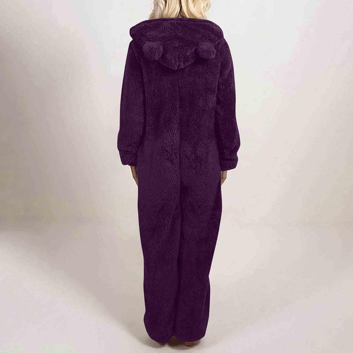 Soft hooded onesie for women, sherpa fuzzy pajamas, perfect relax wear.
