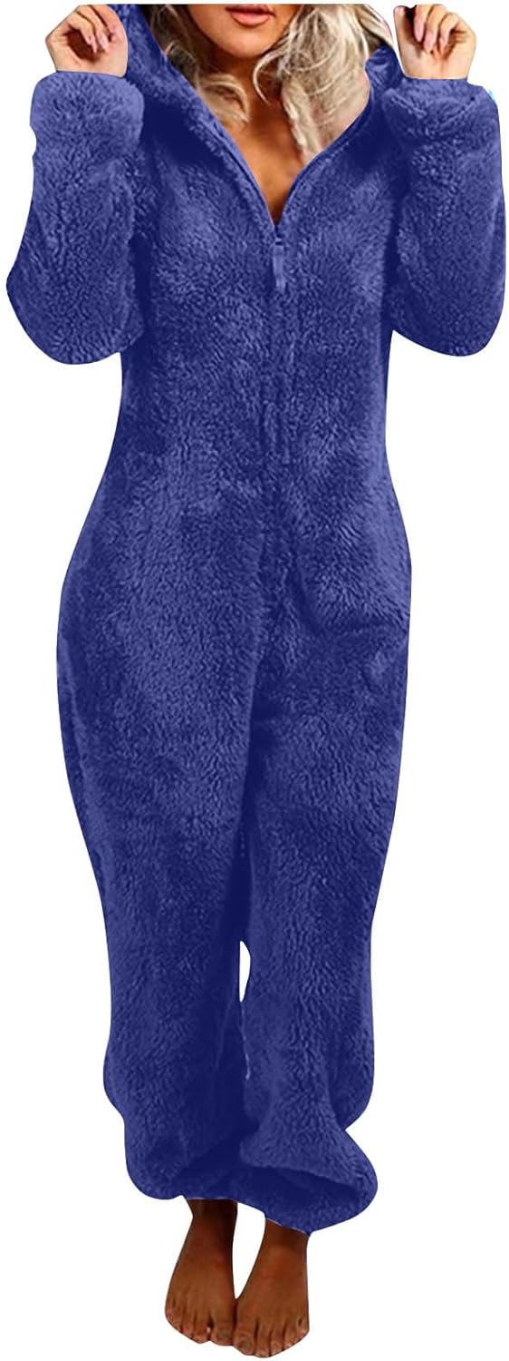 Warm women's fuzzy sherpa jumpsuit, comfortable hooded sleepwear.