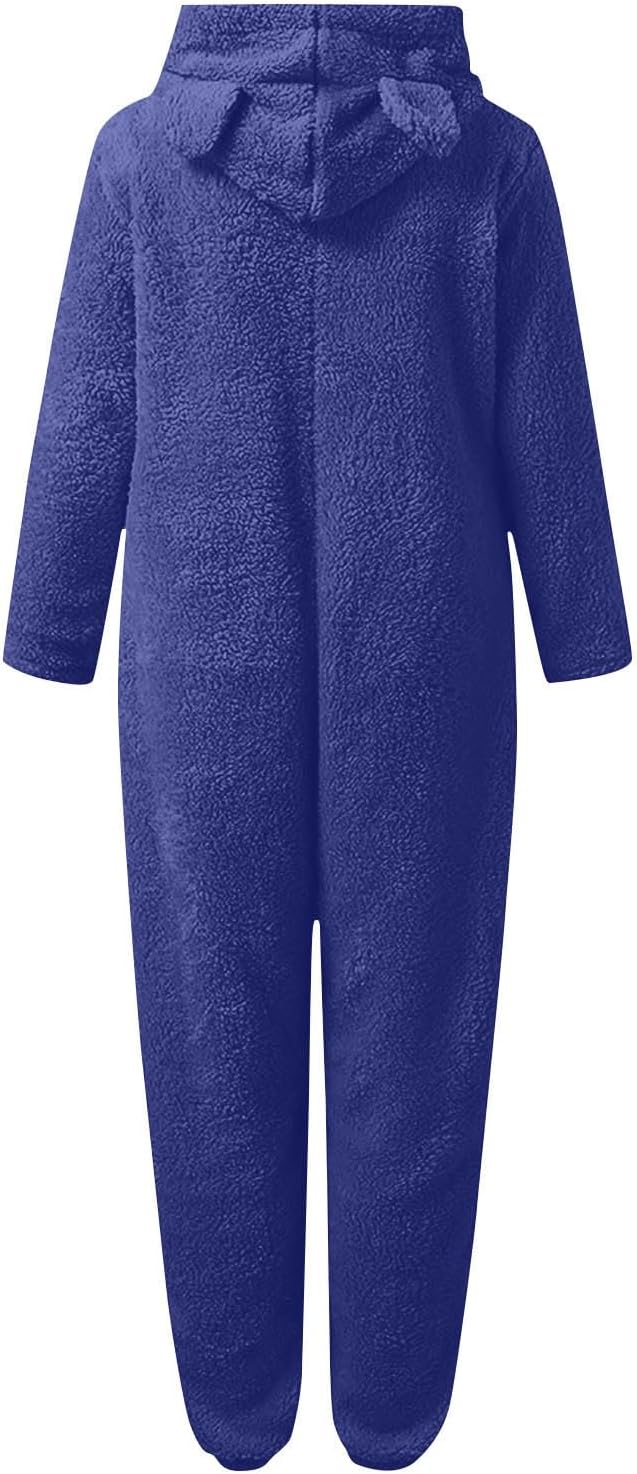 Women's hooded sherpa fuzzy pajamas, a comfy onesie for relax wear.