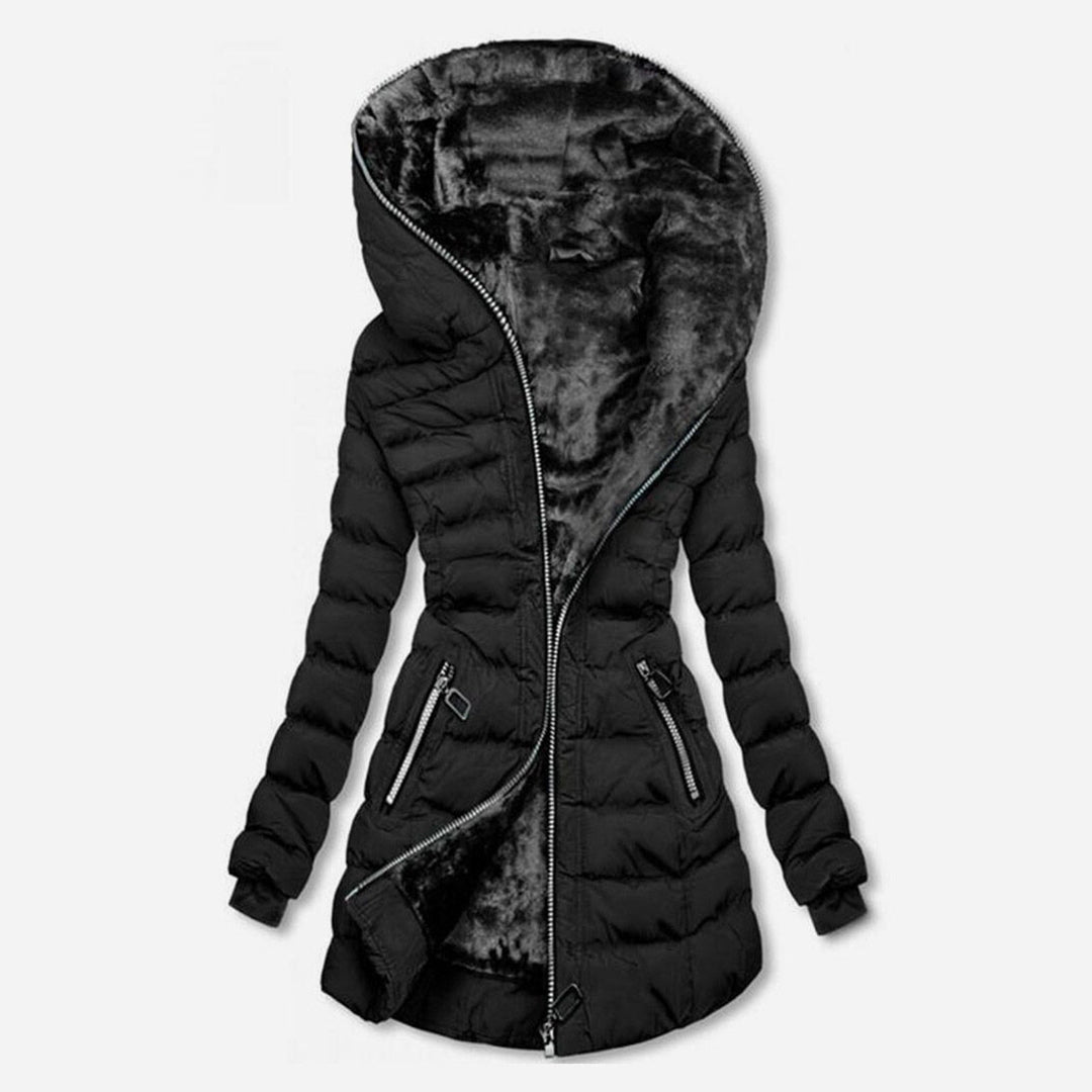Cozy women's winter coat, an essential warm long outerwear for ultimate cold weather comfort and style.