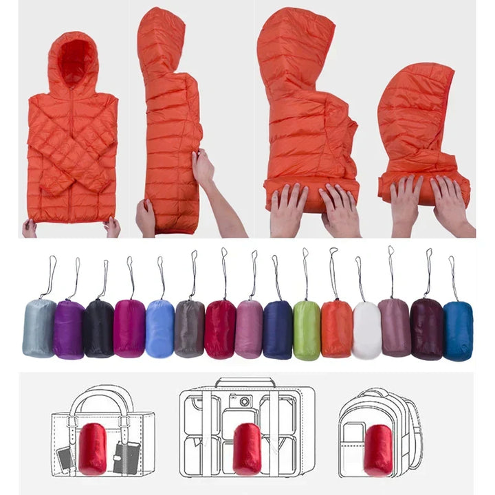 Packable women's travel jacket, lightweight outerwear with hood for active comfort and versatility.