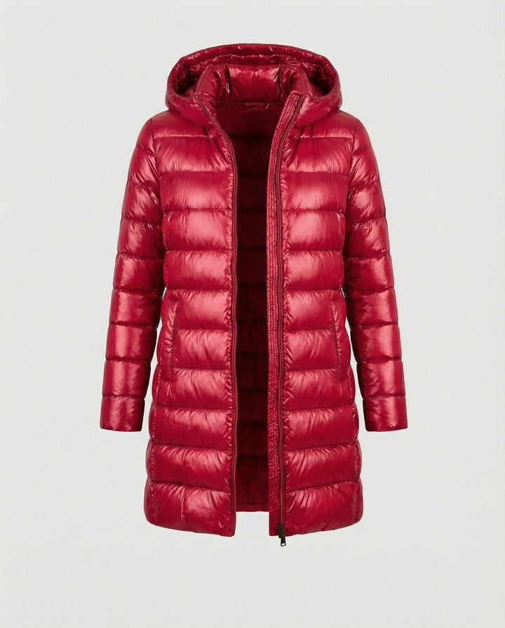 Chic women's ultralight insulated jacket with hood, perfect for active outdoor lifestyles.