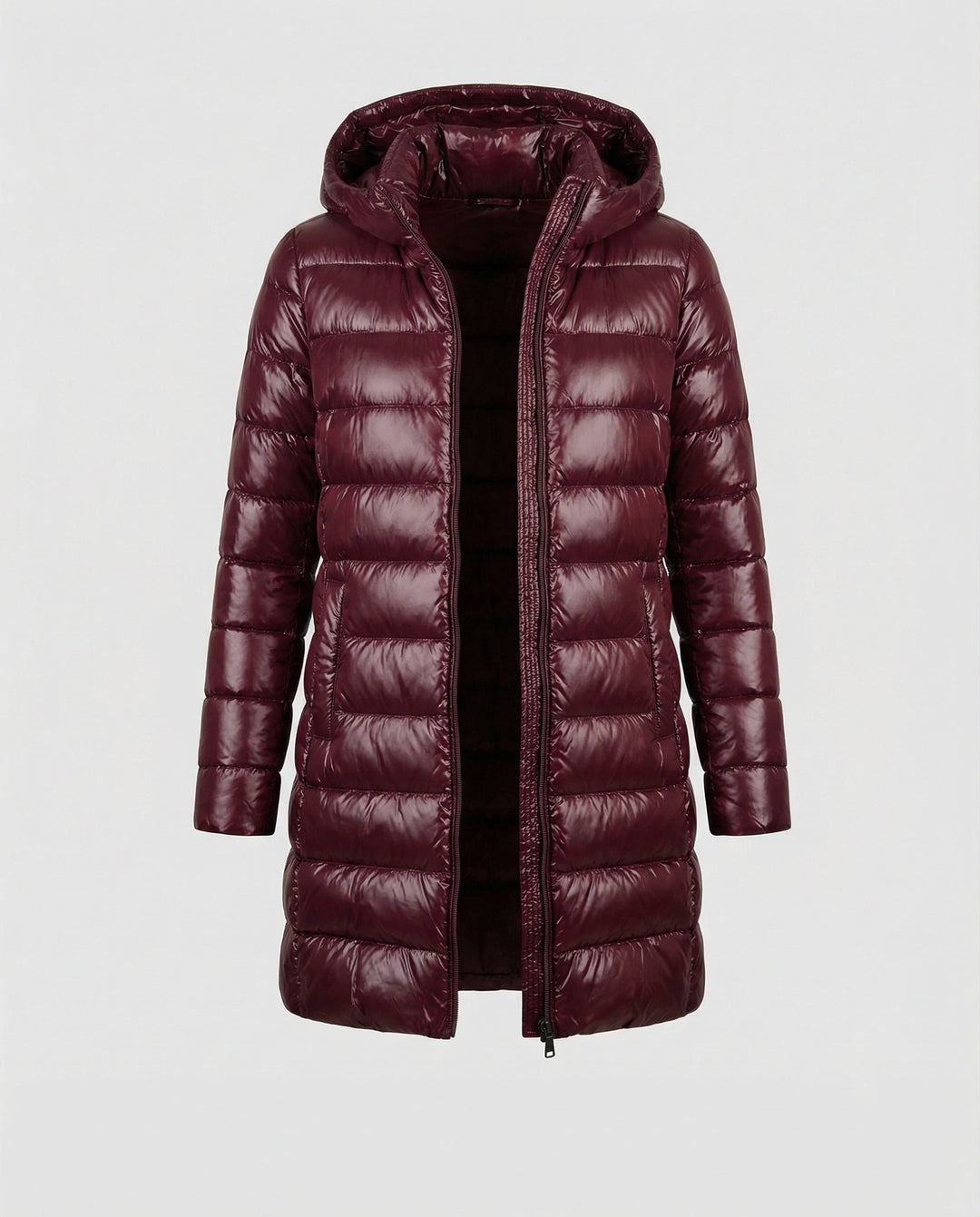 Weatherproof women's hooded jacket, ultralight insulation for year-round comfort.