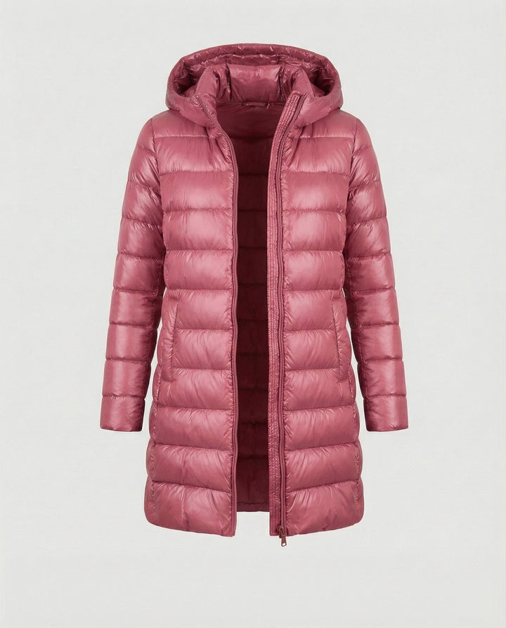 All-season women's hooded jacket, ultralight insulation for comfort and weather protection.