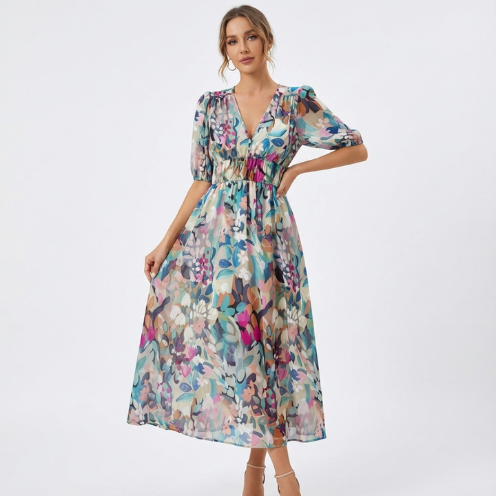Women's V-neck 3/4 sleeve midi dress with ruched waist, perfect for casual or party wear.