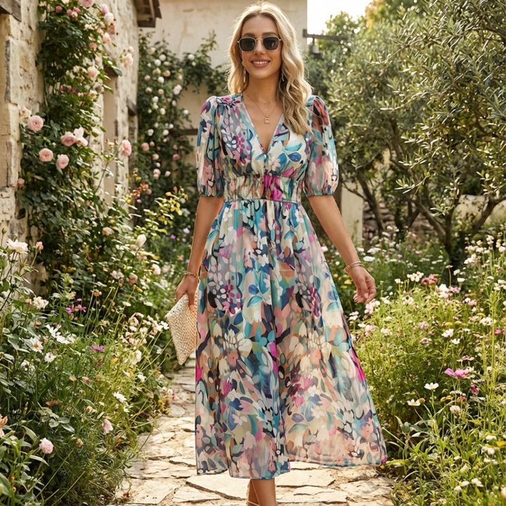 Elegant V-neck 3/4 sleeve midi dress for women, featuring a flattering ruched waist.