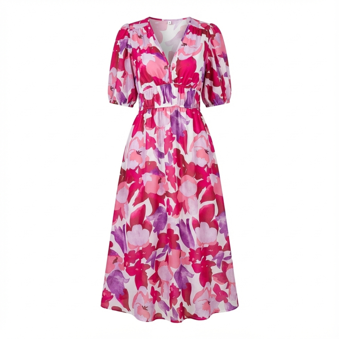 Flattering A-line women's V-neck midi dress, 3/4 sleeves & ruched waist. Perfect casual summer style.