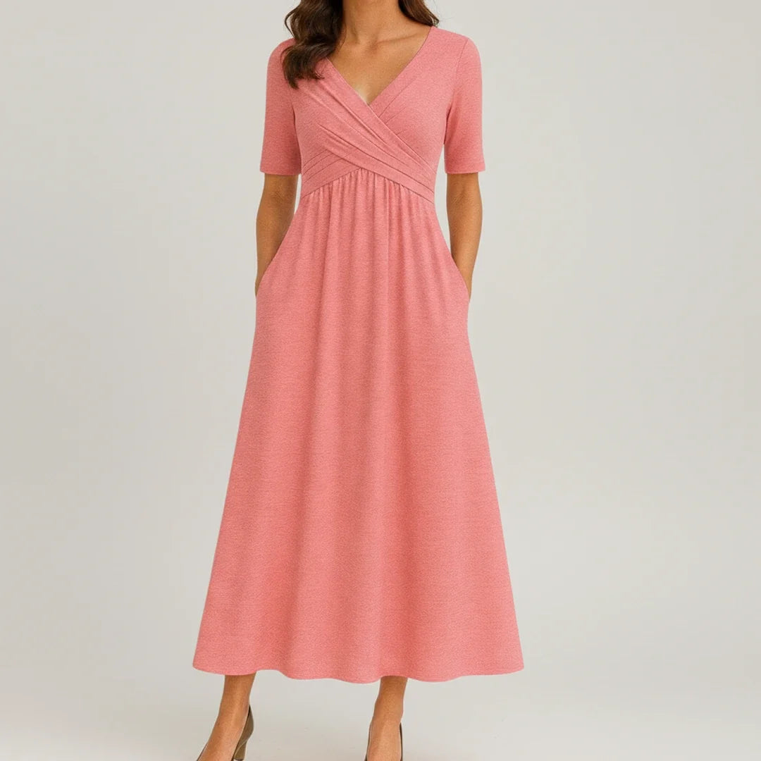 Comfortable women's A-line midi dress with V-neckline & pockets. Ideal for effortless summer casual or elegant looks.