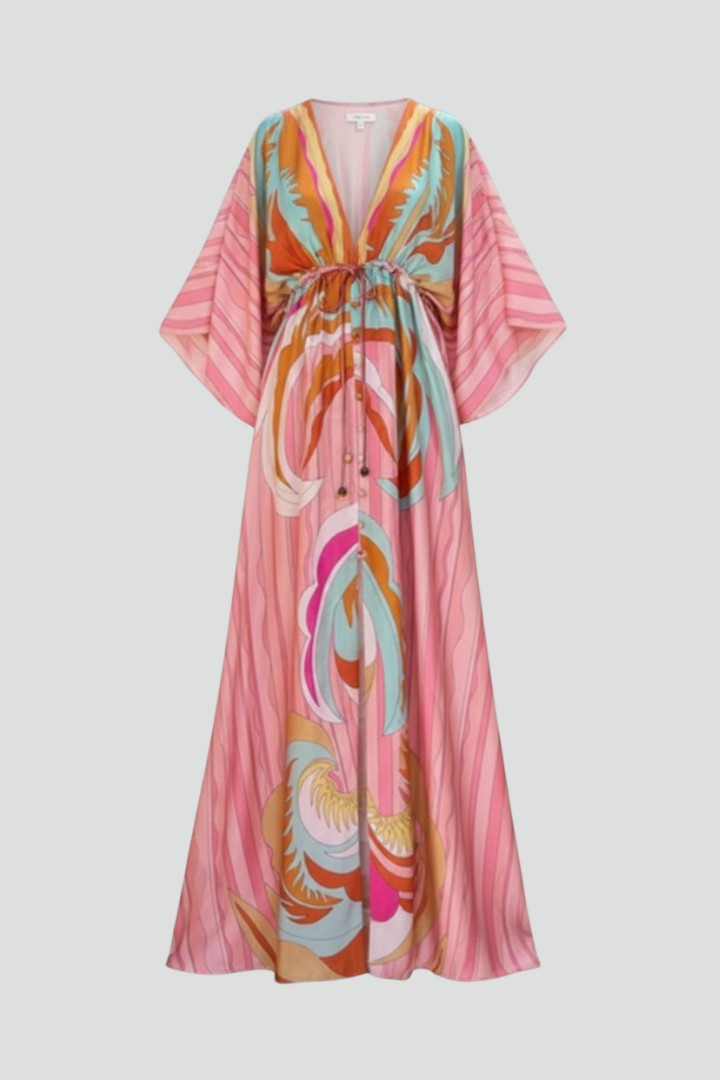 Women's V-neck abstract print maxi dress with belt. Elegant pink summer/spring fashion.
