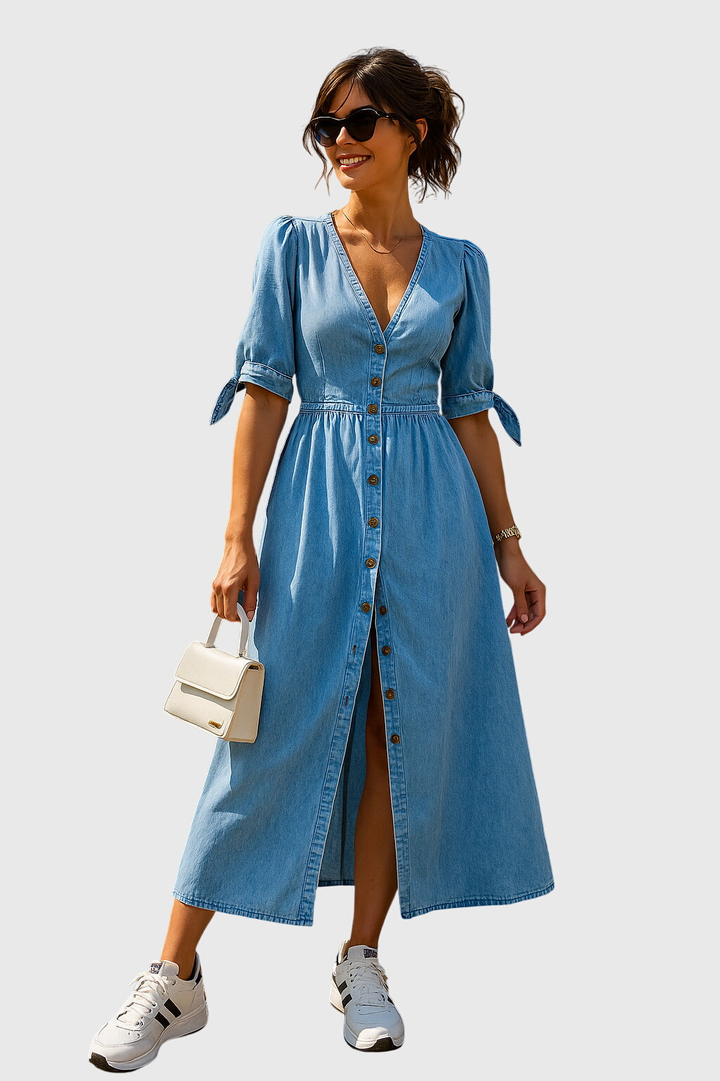 Women's V-neck button-front midi dress with tie sleeves. Perfect casual summer or spring day dress.