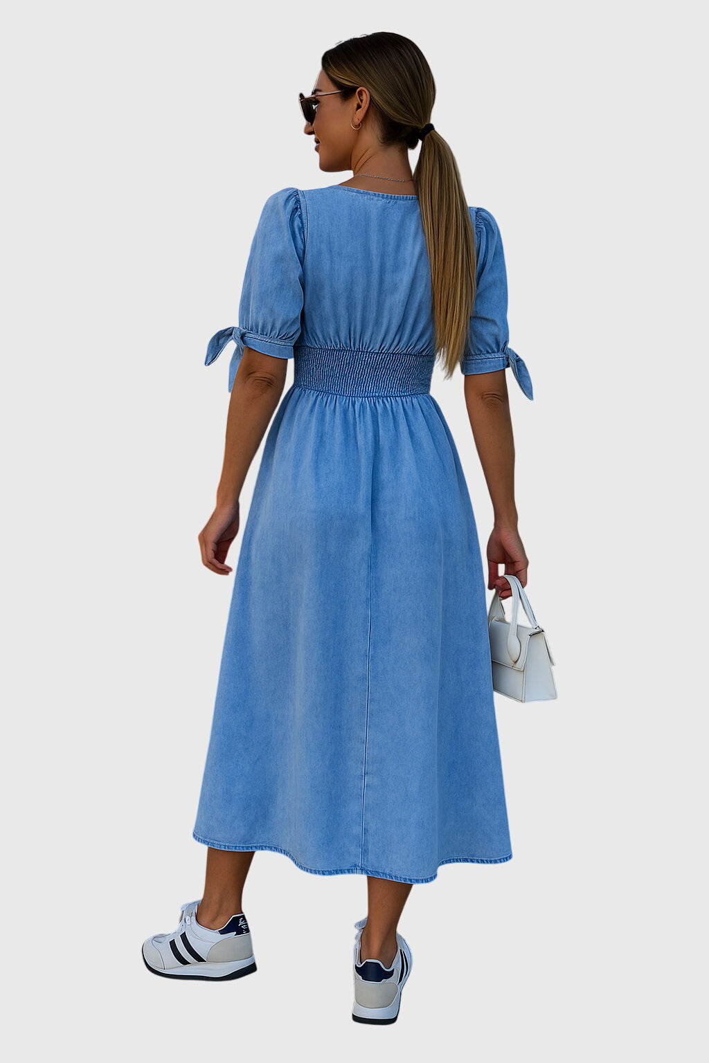 Flattering women's casual midi dress featuring a V-neck, button front, and chic tie sleeves for everyday style.