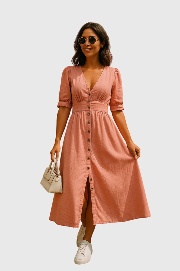 Stylish women's V-neck button-front midi dress with elegant tie sleeves. A versatile spring and summer fashion piece.