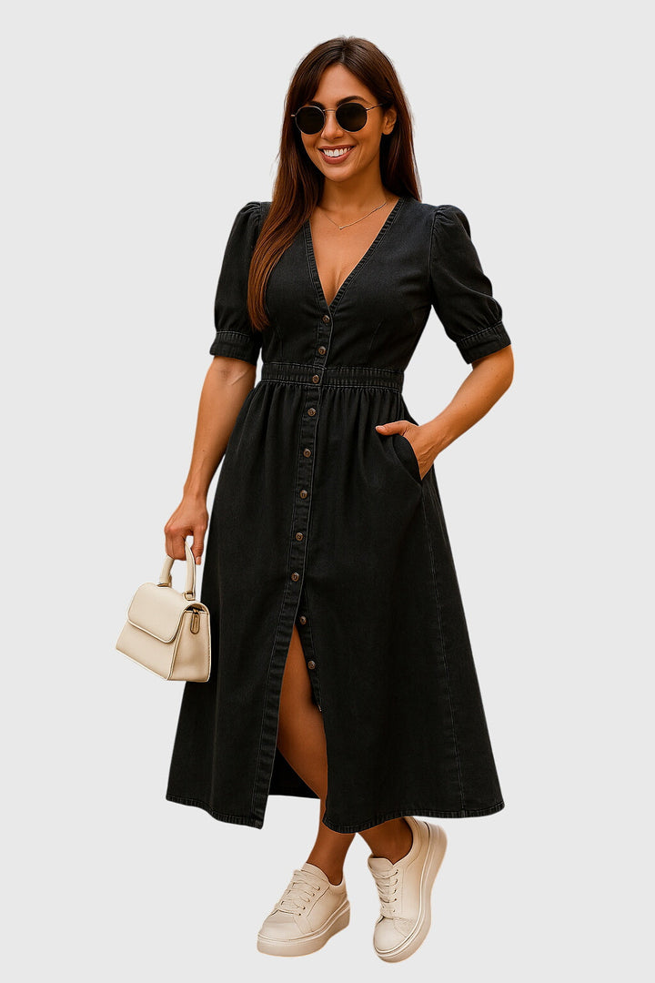 Effortless women's midi dress with a V-neck, full button front, and trendy tie sleeves, ideal for day wear.