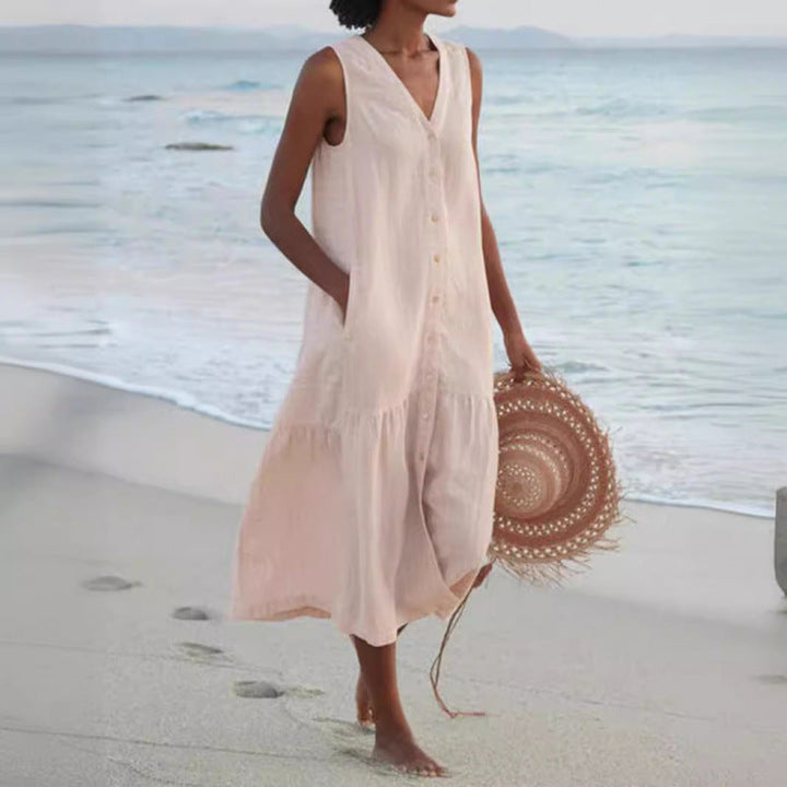 Women's V-neck button-front tiered hem sleeveless midi dress, perfect for summer casual wear.
