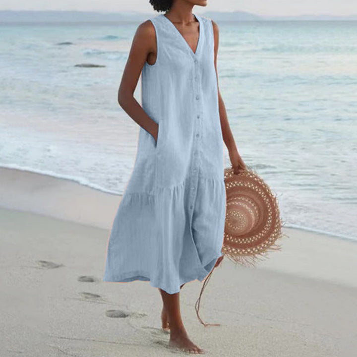 Summer women's fashion: Sleeveless V-neck midi dress, button front, and elegant tiered hem for casual wear.