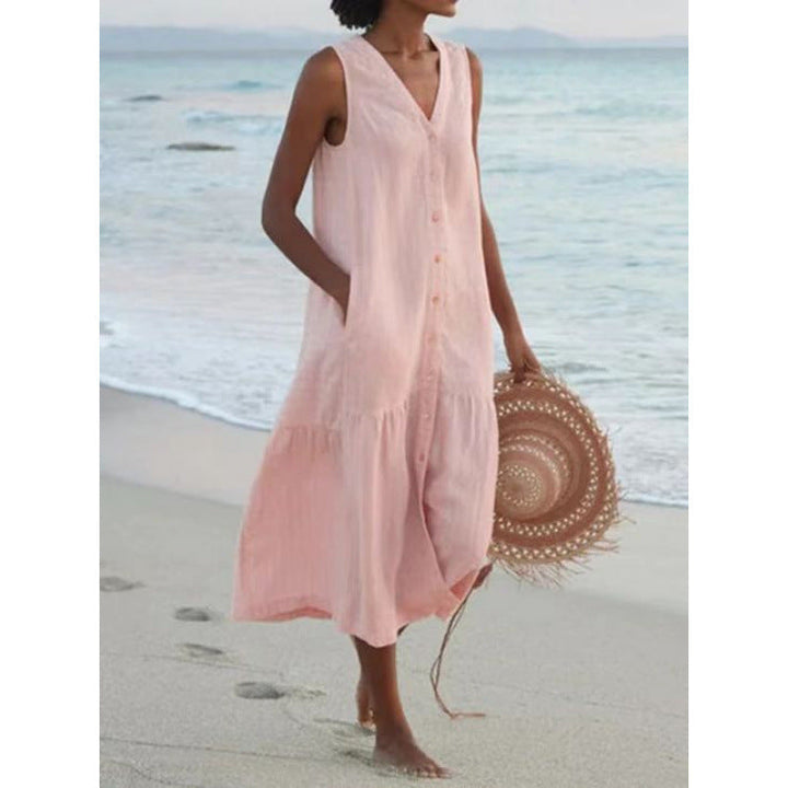Women's casual sleeveless V-neck dress, a button-front tiered midi perfect for warm weather fashion.