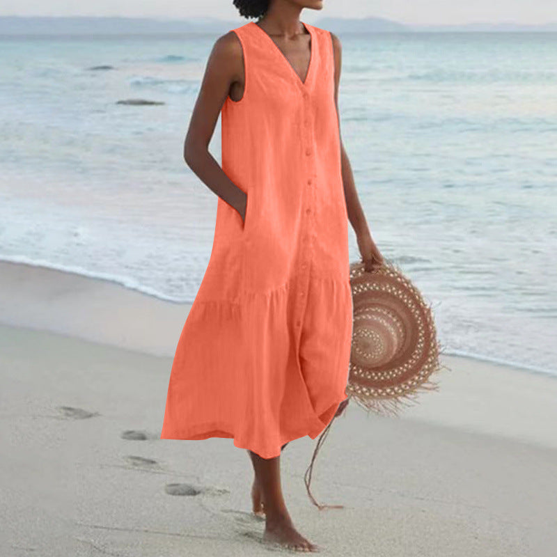 Lightweight women's V-neck button-front dress, a chic tiered hem midi for everyday summer style.