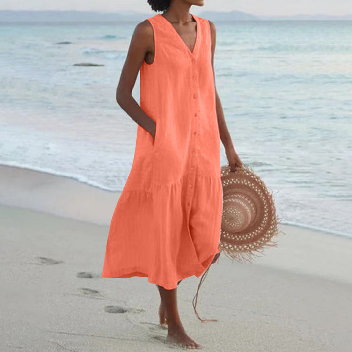 Lightweight women's V-neck button-front dress, a chic tiered hem midi for everyday summer style.