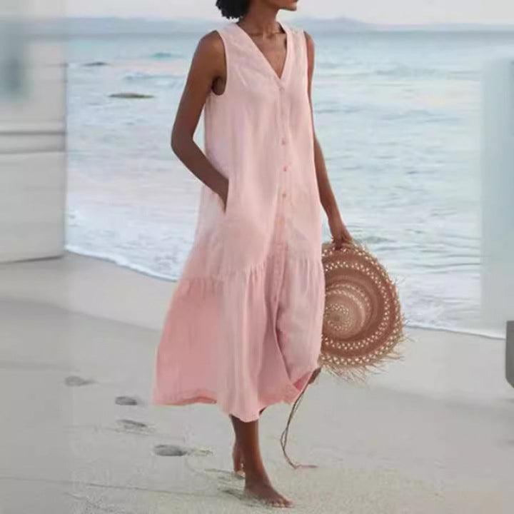 Elegant V-neck button-front midi dress for women, with a tiered hem, perfect for summer occasions.