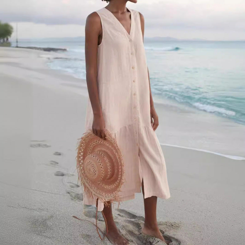 Sleeveless tiered midi dress for women, a comfortable V-neck button-front design for beach days.