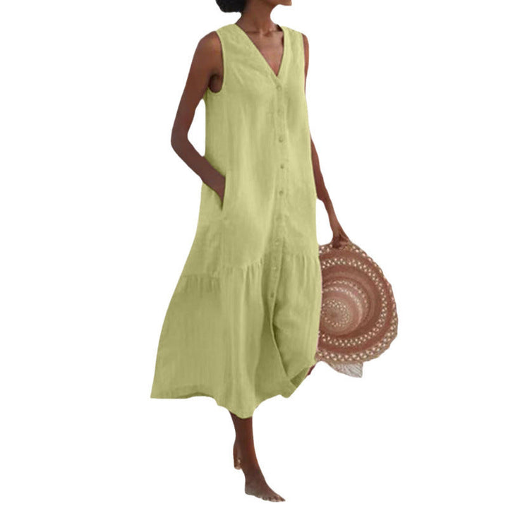 Everyday women's midi dress: V-neck, sleeveless, button front, and a stylish tiered hem for comfort.