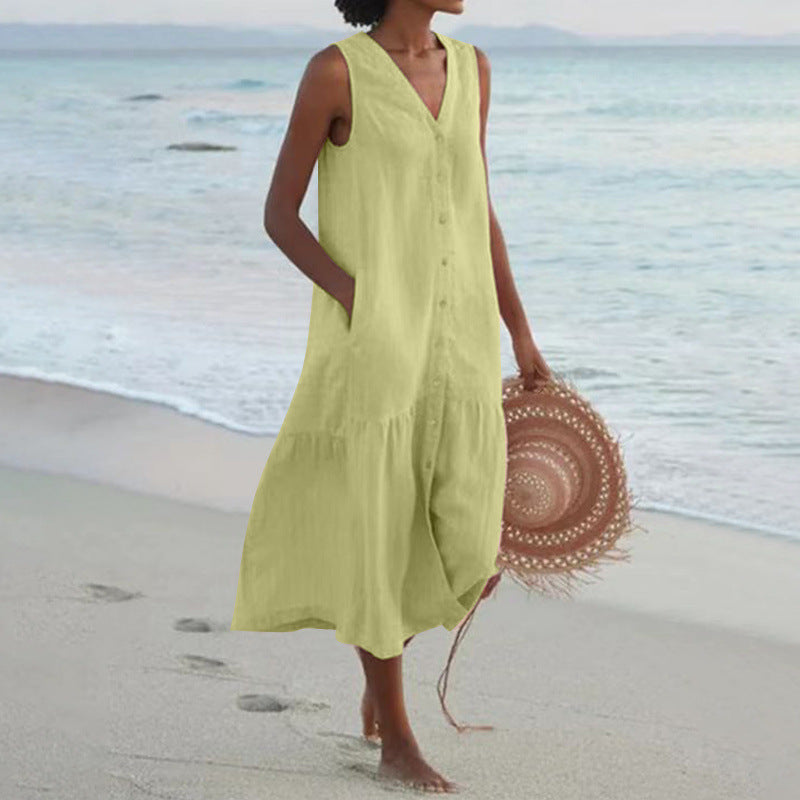 Chic lightweight V-neck midi dress for women, sleeveless with a button front and flattering tiered hem.