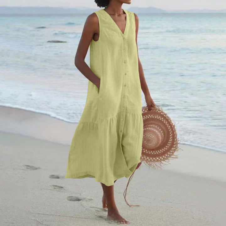 Chic lightweight V-neck midi dress for women, sleeveless with a button front and flattering tiered hem.