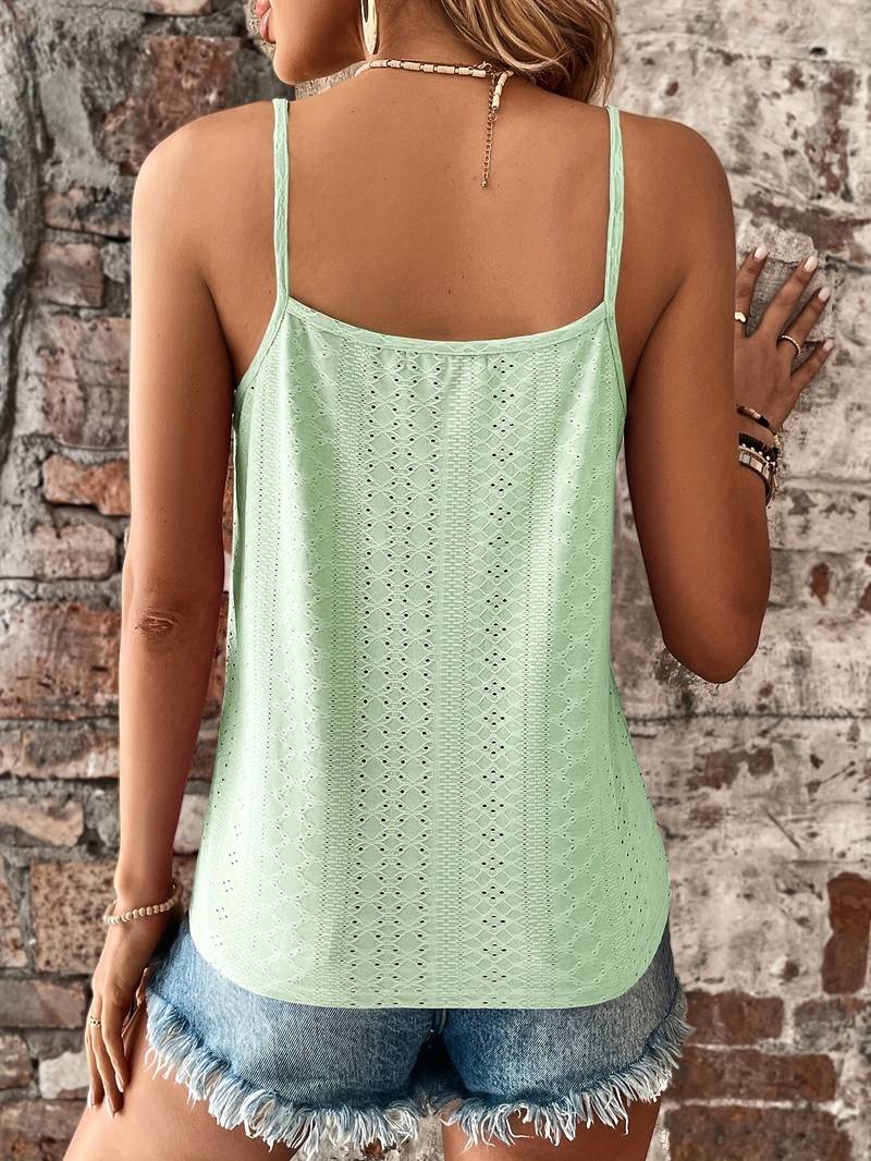 Stylish women's V-neck cami with lace trim and adjustable straps. Ideal for warm weather.