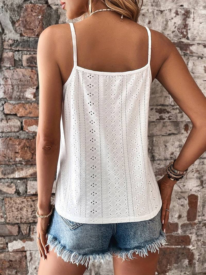 Sleeveless V-neck cami for women, featuring elegant lace trim. Ideal for warm weather.