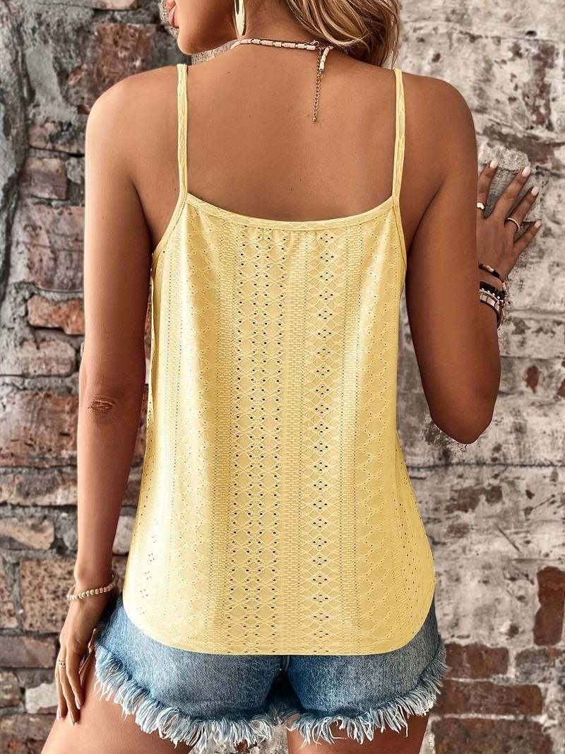 Feminine lace trim V-neck cami top for women. Comfortable sleeveless everyday wear.