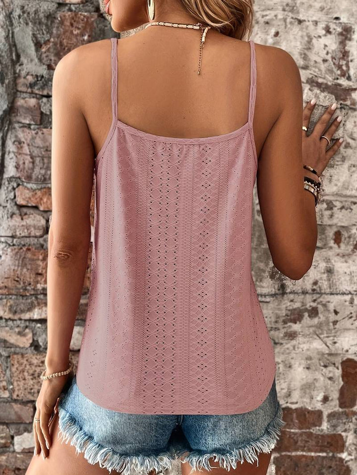 Everyday women's sleeveless V-neck cami top featuring elegant lace trim. Casual style.