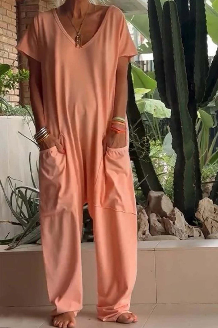 Summer-ready women's V-neck casual jumpsuit, a comfortable one-piece for relaxed everyday style.