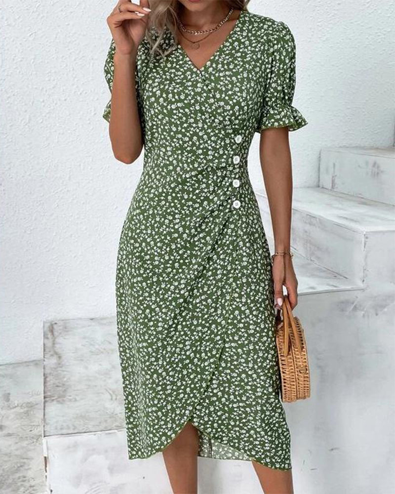 Women's V-neck floral print flowy summer midi dress, perfect for casual outings or elegant spring events.