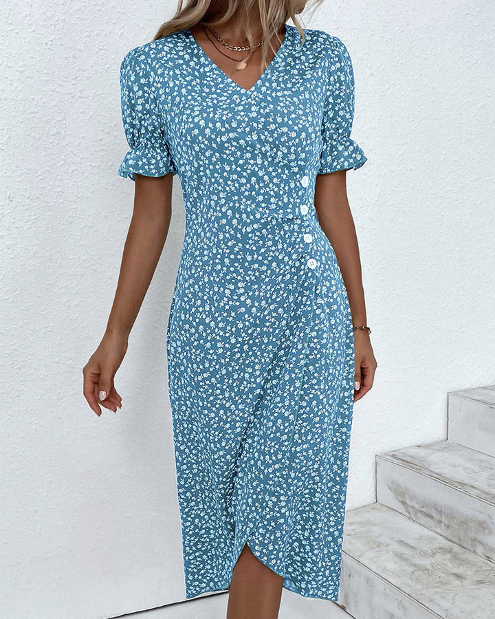 Chic v-neck floral party dress, a flowy midi option that's perfect for summer gatherings and celebrations.