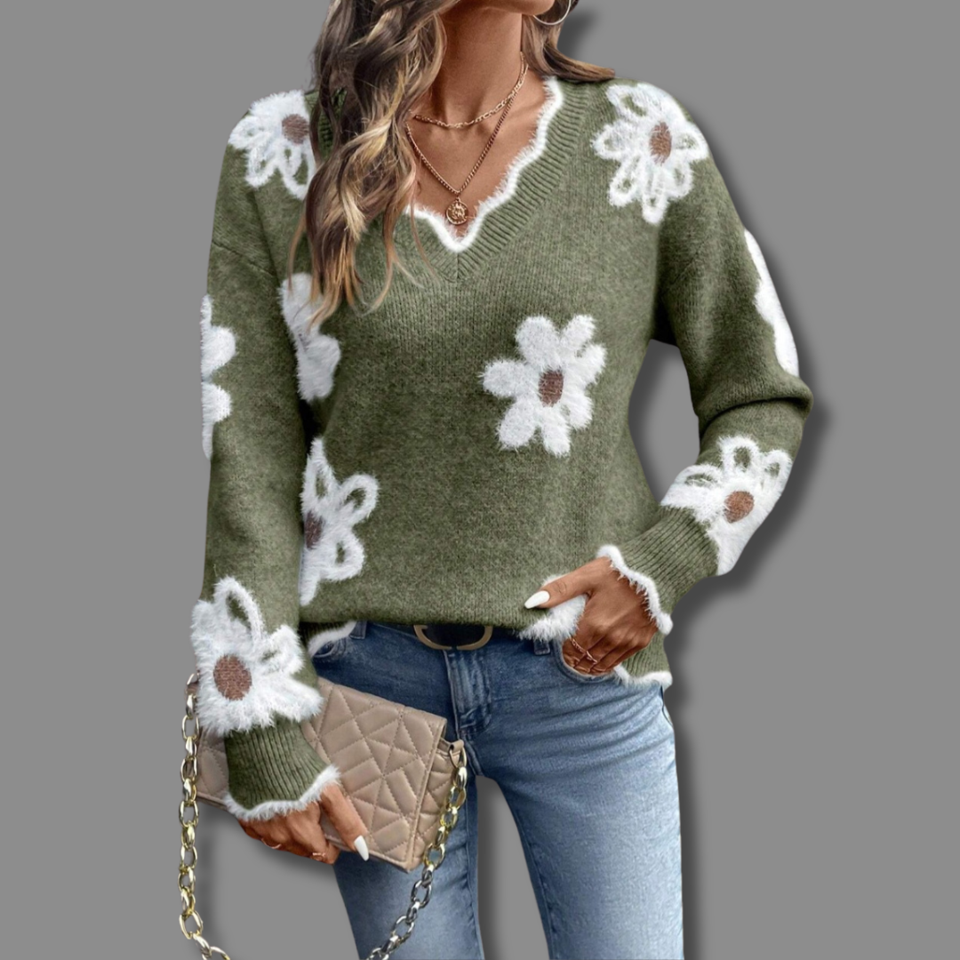 Comfortable women's V-neck floral sweater with elegant textured appliqués. A cozy, stylish long sleeve top.