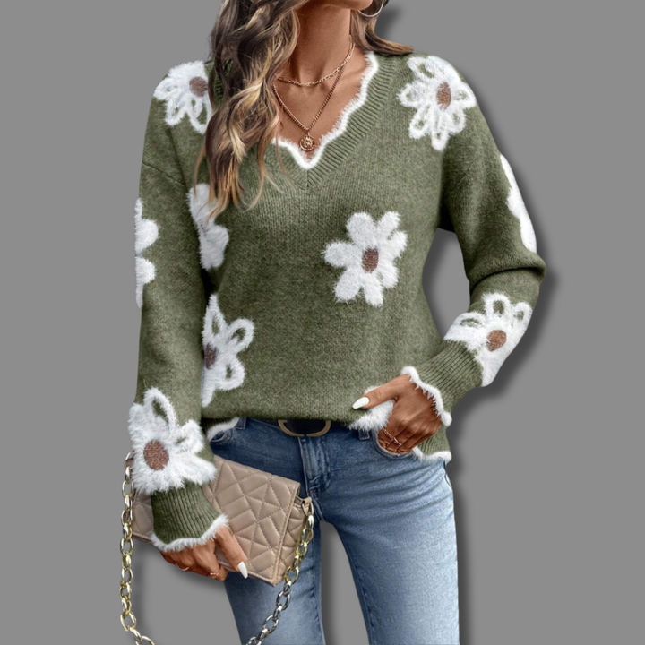 Comfortable women's V-neck floral sweater with elegant textured appliqués. A cozy, stylish long sleeve top.