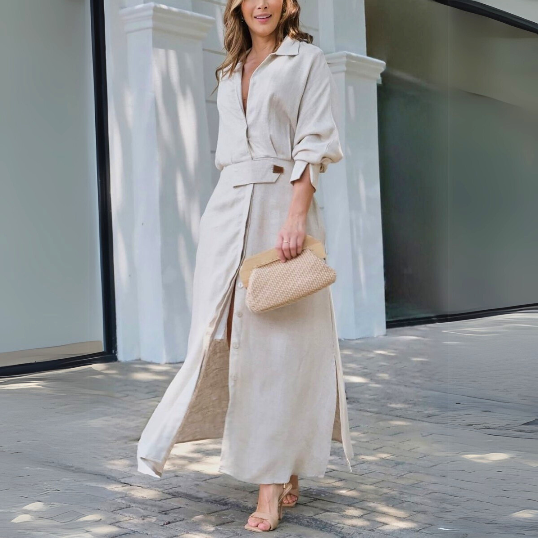 Women's V-neck flowing maxi dress for versatile summer style. Elegant casual beach dress.